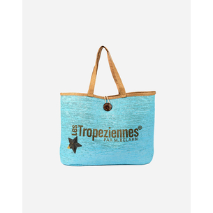 Product LES TROPEZIENNES  PAN-TZ-01 ΤΣΑΝΤΑ ΘΑΛΑΣΣΗΣ ΥΦΑΣΜΑ ΜΕ ΓΡΑΜΜΑΤΑ TURQUOISE (Διαστάσεις: 50 x 36 x 15εκ.) base image