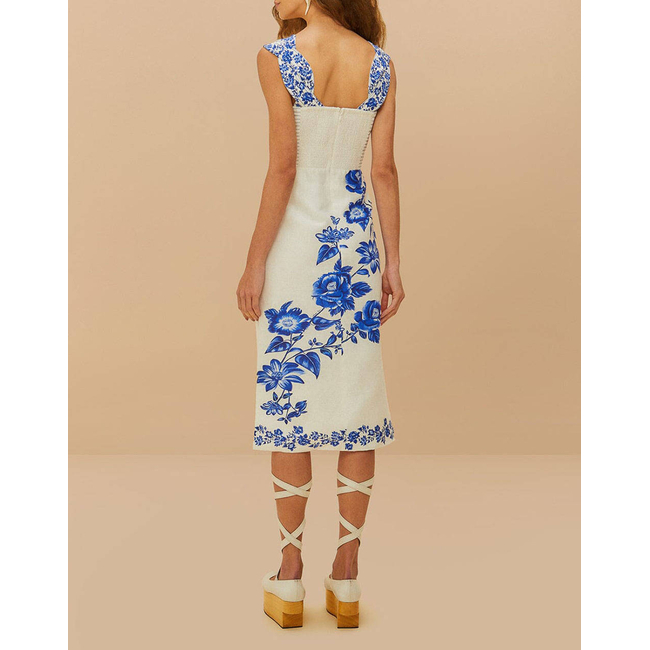 Product FARM RIO BLUE FLORAL CASCADE OFF-WHITE WAVY SLEEVELESS MIDI base image