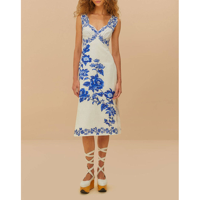 Product FARM RIO BLUE FLORAL CASCADE OFF-WHITE WAVY SLEEVELESS MIDI base image