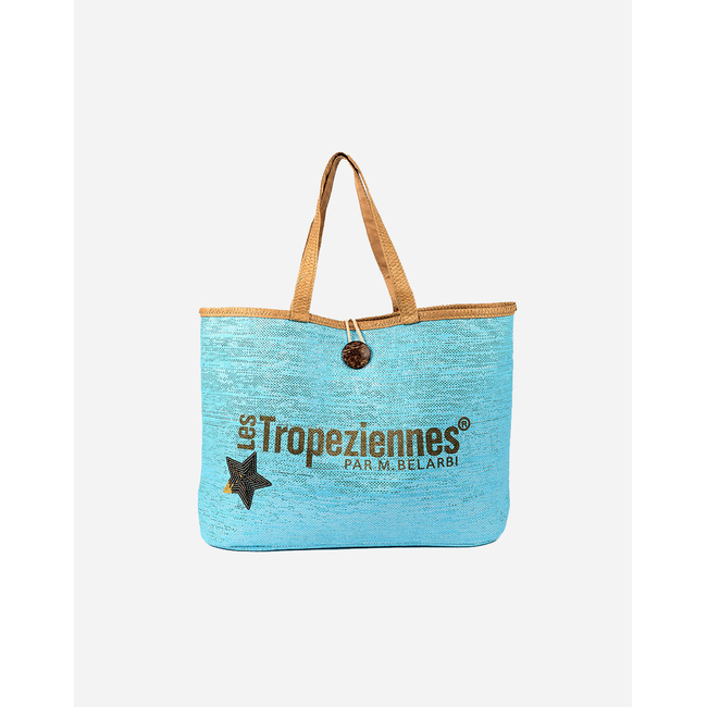 Product LES TROPEZIENNES  PAN-TZ-01 ΤΣΑΝΤΑ ΘΑΛΑΣΣΗΣ ΥΦΑΣΜΑ ΜΕ ΓΡΑΜΜΑΤΑ TURQUOISE (Διαστάσεις: 50 x 36 x 15εκ.) base image