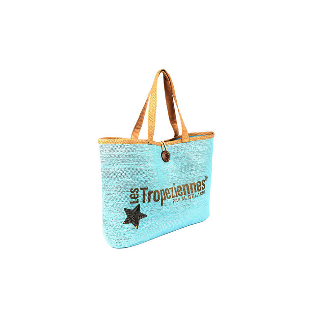 Product LES TROPEZIENNES  PAN-TZ-01 ΤΣΑΝΤΑ ΘΑΛΑΣΣΗΣ ΥΦΑΣΜΑ ΜΕ ΓΡΑΜΜΑΤΑ TURQUOISE (Διαστάσεις: 50 x 36 x 15εκ.) base image