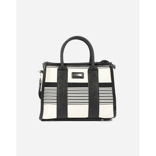 Product LES TROPEZIENNES NAL-TZ-03 ΤΣΑΝΤΑ ΧΕΙΡΟΣ ΥΦΑΣΜΑ ΜΕ ΡΙΓΕΣ WHITE/BLACK base image