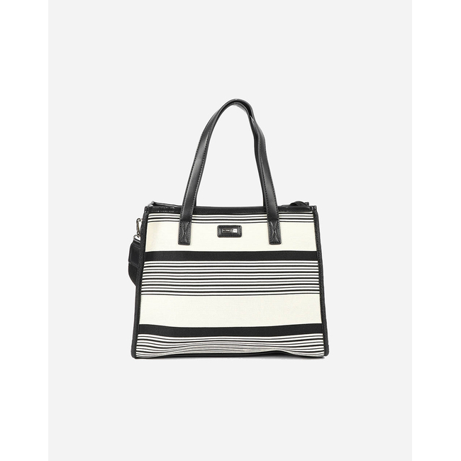 Product LES TROPEZIENNES NAL-TZ-02 ΤΣΑΝΤΑ ΩΜΟΥ ΥΦΑΣΜΑ ΜΕ ΡΙΓΕΣ WHITE/BLACK (Διαστάσεις: 32 x 27 x 14εκ.) base image