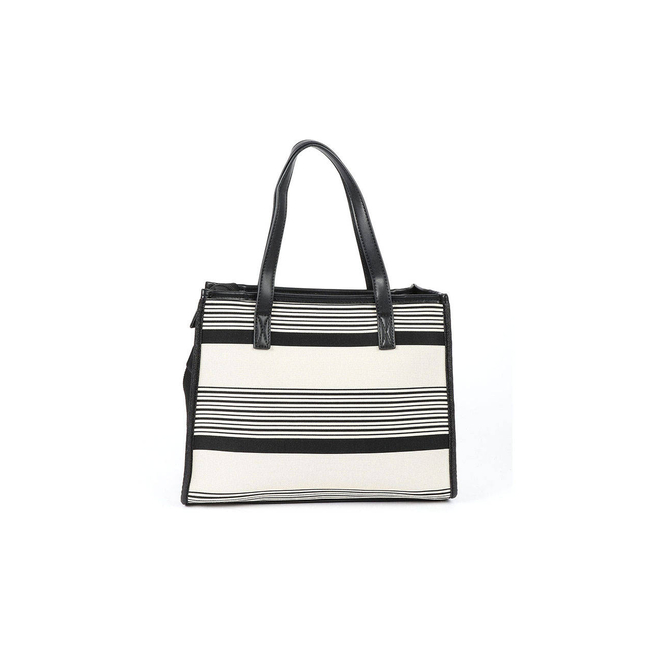 Product LES TROPEZIENNES NAL-TZ-02 ΤΣΑΝΤΑ ΩΜΟΥ ΥΦΑΣΜΑ ΜΕ ΡΙΓΕΣ WHITE/BLACK (Διαστάσεις: 32 x 27 x 14εκ.) base image