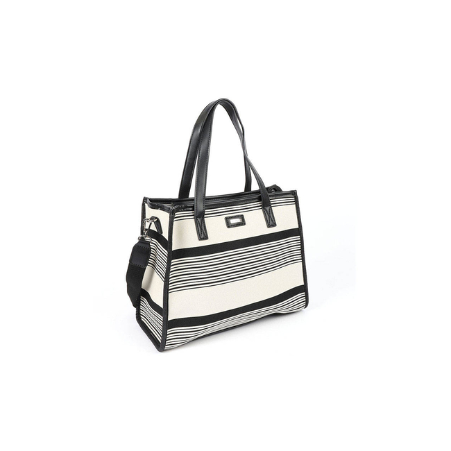 Product LES TROPEZIENNES NAL-TZ-02 ΤΣΑΝΤΑ ΩΜΟΥ ΥΦΑΣΜΑ ΜΕ ΡΙΓΕΣ WHITE/BLACK (Διαστάσεις: 32 x 27 x 14εκ.) base image
